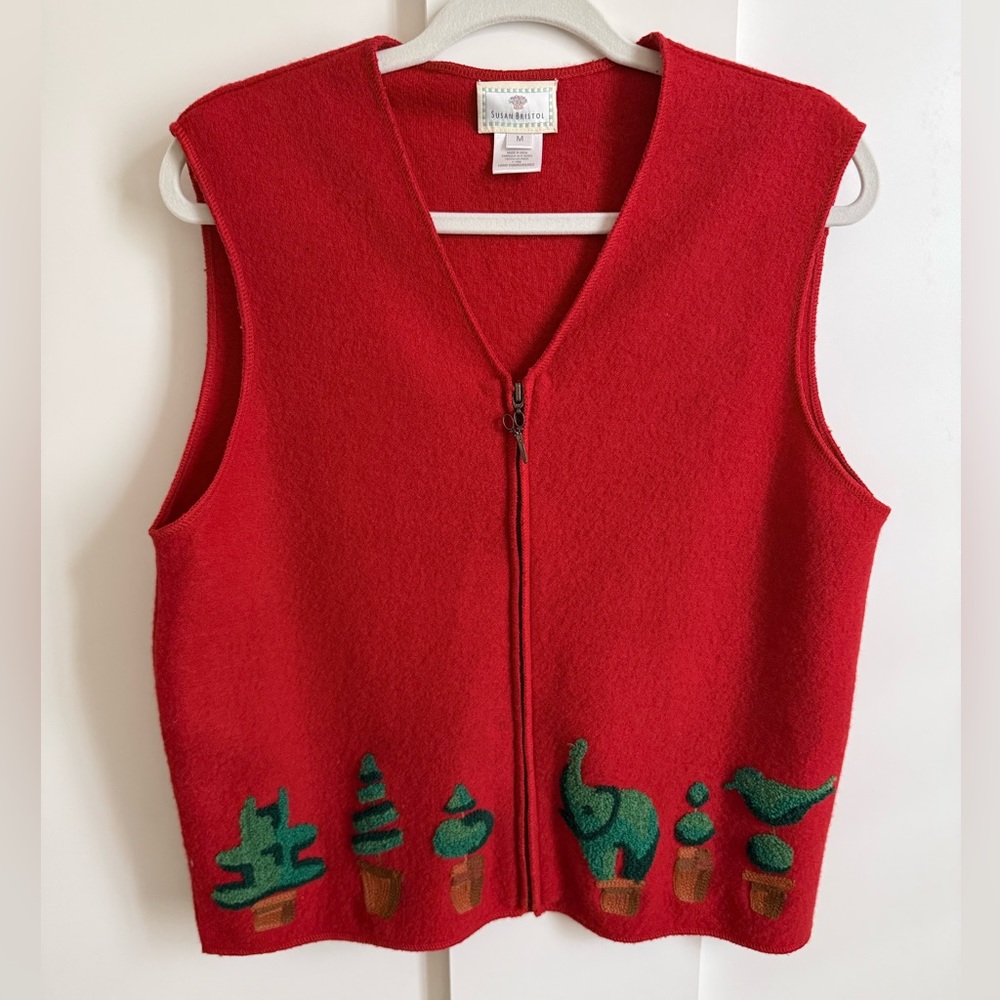 Susan Bristol Hand Embroidered Wool Sweater Vest  Vintage Topiary Bunny Cottage